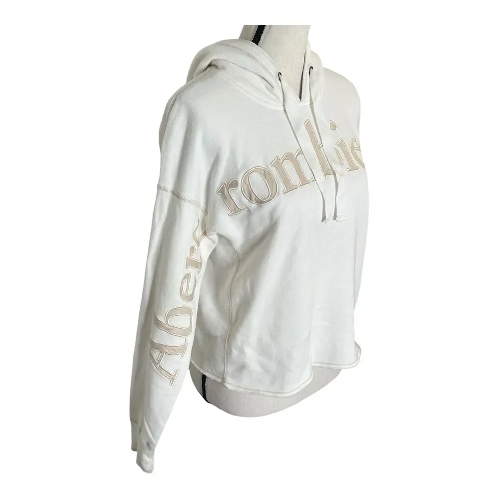 Abercrombie and Fitch Cream Cropped Hoodie XS Embroidered‎ Logo Pullover